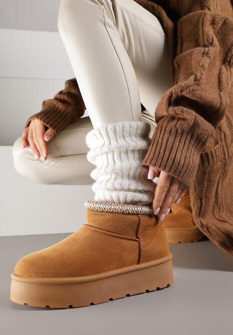 Brązowe Śniegowce na Platformie z Haftem przy Cholewce Sewnera