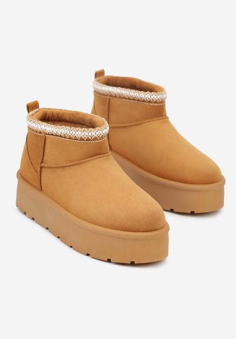 Brązowe Śniegowce na Platformie z Haftem przy Cholewce Sewnera 5