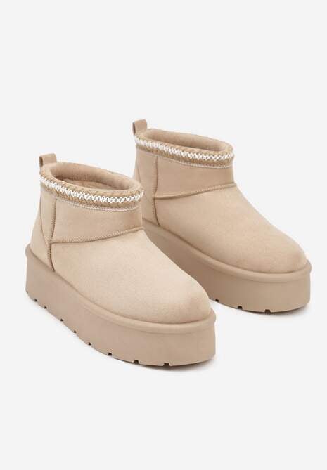 Ciemnobeżowe Śniegowce na Platformie z Haftem przy Cholewce Sewnera 5