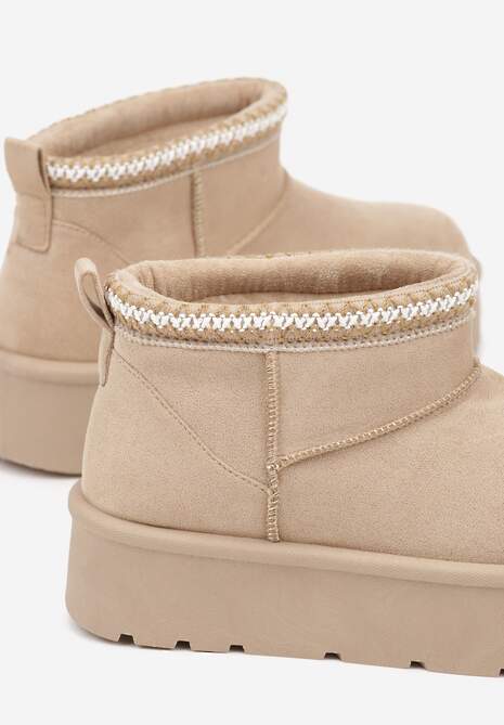 Ciemnobeżowe Śniegowce na Platformie z Haftem przy Cholewce Sewnera 7