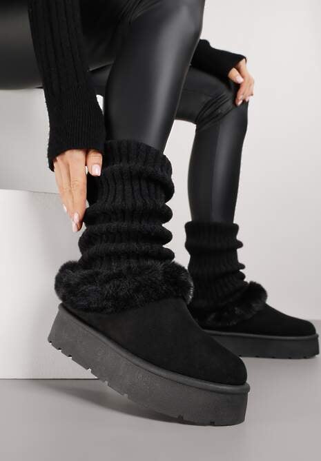 Czarne Krótkie Śniegowce na Platformie Ozdobione Futerkiem Sewlara