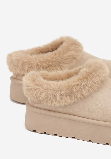 Ciemnobeżowe Krótkie Śniegowce na Platformie Ozdobione Futerkiem Sewlara 6