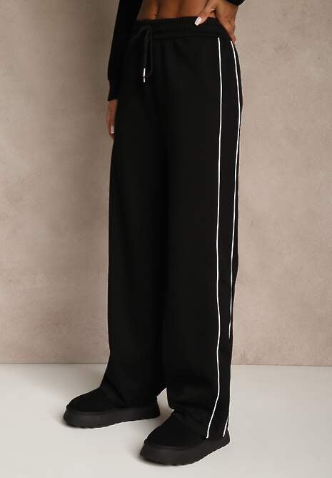 Czarny Komplet Dresowy w Stylu Retro Spodnie Wide Leg i Bluza ze Stójką Sewelia 4