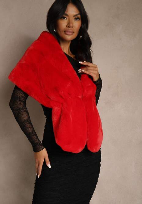 Czerwone Ponczo z Ozdobnym Futerkiem Cralinne 4