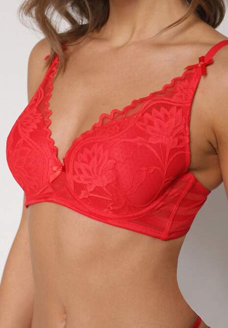 Czerwony Biustonosz Zdobiony Koronką i Kokardami Morgavia