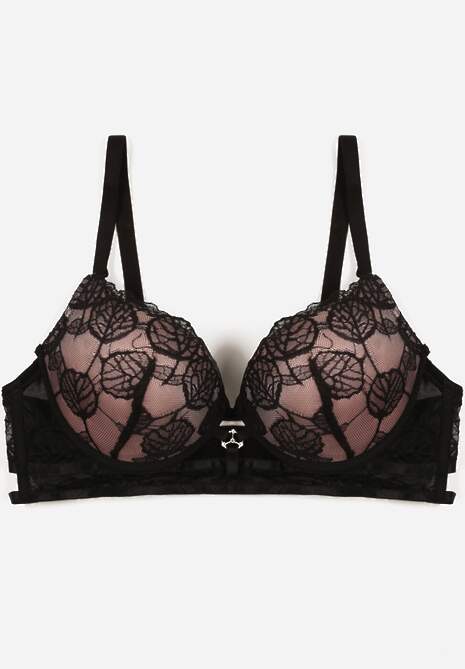 Czarno-Beżowy Koronkowy Biustonosz w Klasycznym Stylu z Aplikacją Galinassa