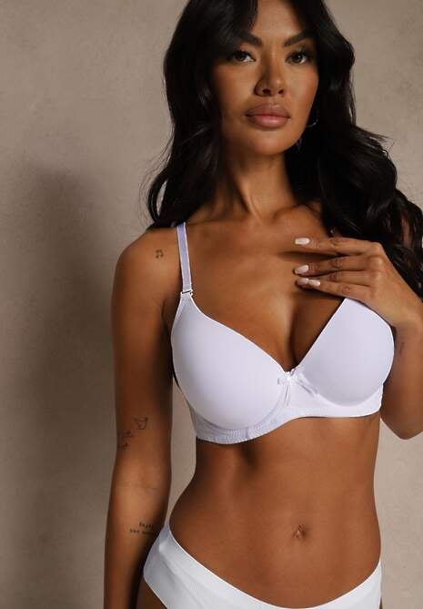 Biały Gładki Biustonosz o Klasycznym Fasonie Zdobiony Kokardką Caloris