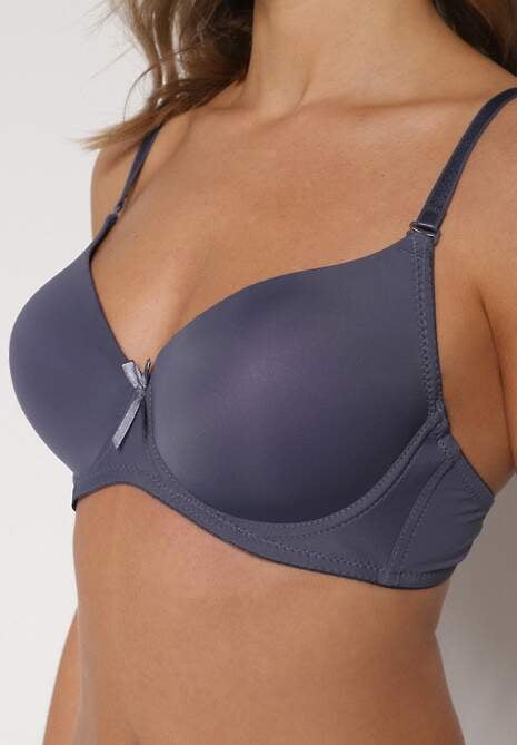 Granatowy Gładki Biustonosz o Klasycznym Fasonie Zdobiony Kokardką Caloris