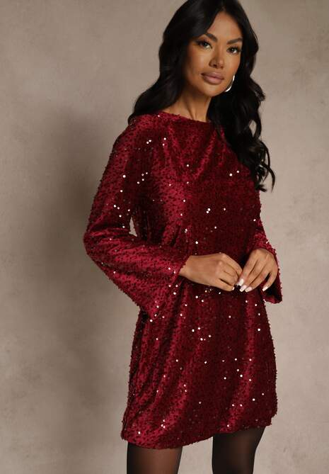 Czerwona Sukienka z Odkrytymi Plecami z Kokardą Zdobiona Cekinami Carilyera 5