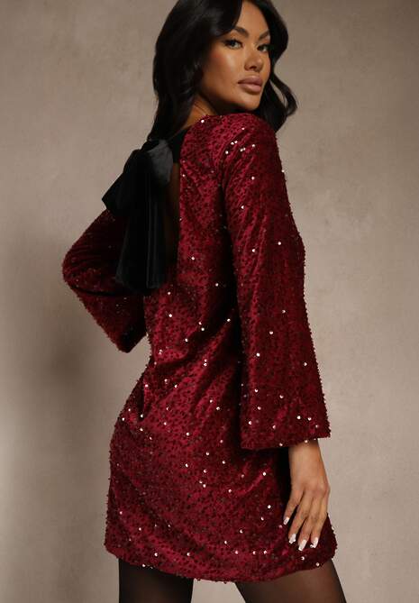 Czerwona Sukienka z Odkrytymi Plecami z Kokardą Zdobiona Cekinami Carilyera