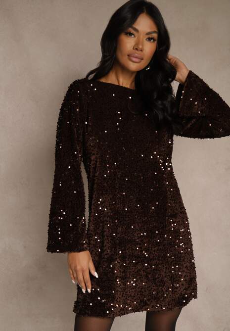 Brązowa Sukienka z Odkrytymi Plecami z Kokardą Zdobiona Cekinami Carilyera 4