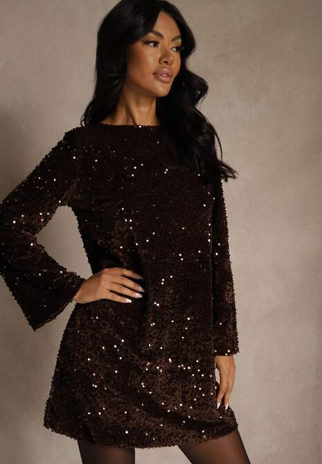 Brązowa Sukienka z Odkrytymi Plecami z Kokardą Zdobiona Cekinami Carilyera 5