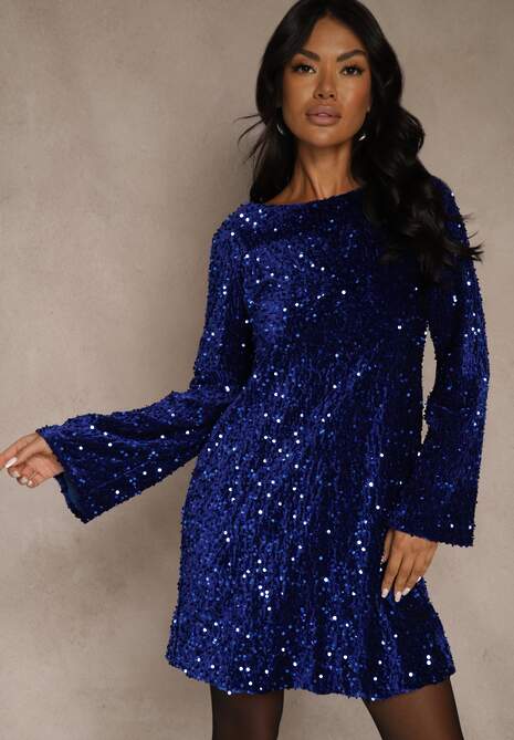 Niebieska Sukienka z Odkrytymi Plecami z Kokardą Zdobiona Cekinami Carilyera 4