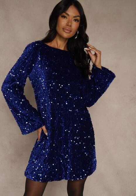 Niebieska Sukienka z Odkrytymi Plecami z Kokardą Zdobiona Cekinami Carilyera 5