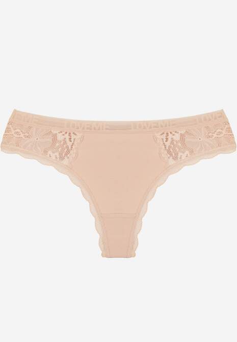 Beżowe Majtki Stringi Ozdobione Koronką z Bawełną Meniliphis