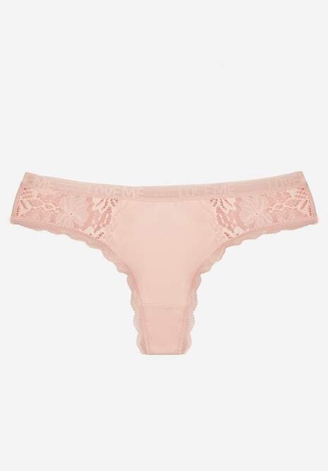 Jasnoróżowe Majtki Stringi Ozdobione Koronką z Bawełną Meniliphis