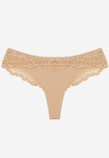 Beżowe Majtki Stringi Ozdobione Koronką Phisoris