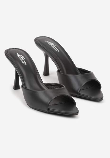 Czarne Klapki na Szpilce ze Szpiczastym Odkrytym Noskiem Sewnila 5