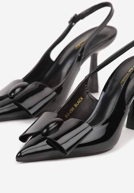 Czarne Szpilki Slingback z Lakierowanym Połyskiem Zdobione Kokardą Sewlira 7