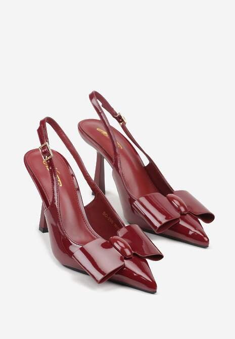 Bordowe Szpilki Slingback z Lakierowanym Połyskiem Zdobione Kokardą Sewlira 5