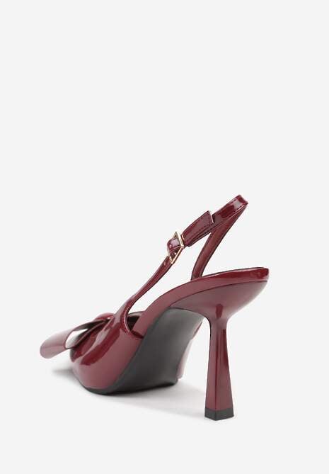Bordowe Szpilki Slingback z Lakierowanym Połyskiem Zdobione Kokardą Sewlira 7