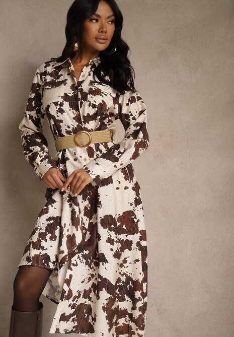 Brązowa Sukienka z Wiskozą o Koszulowym Kroju z Paskiem w Krowie Łaty Carlitia 4