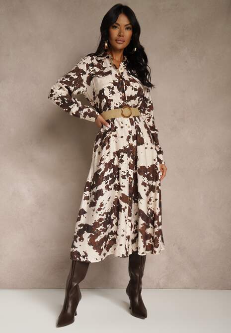 Brązowa Sukienka z Wiskozą o Koszulowym Kroju z Paskiem w Krowie Łaty Carlitia