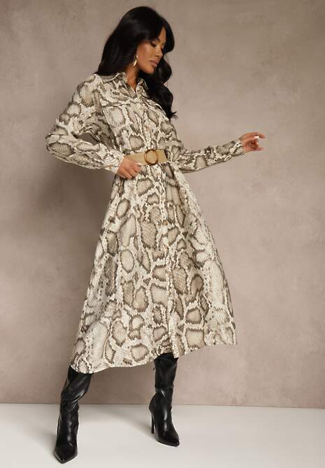 Beżowa Koszulowa Sukienka Snake Print z Wiskozą i Paskiem Bririn 4