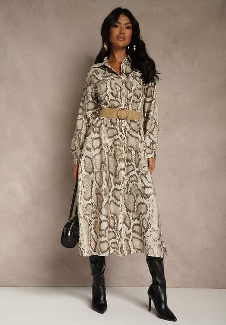 Beżowa Koszulowa Sukienka Snake Print z Wiskozą i Paskiem Bririn