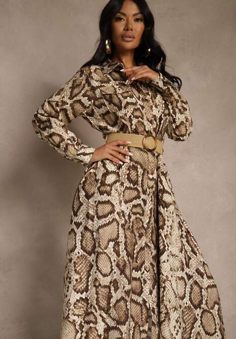 Brązowa Koszulowa Sukienka Snake Print z Wiskozą i Paskiem Bririn 4