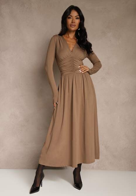Brązowa Taliowana Sukienka Longsleeve z Wiskozą z Marszczeniem i Dekoltem V Elirie 4