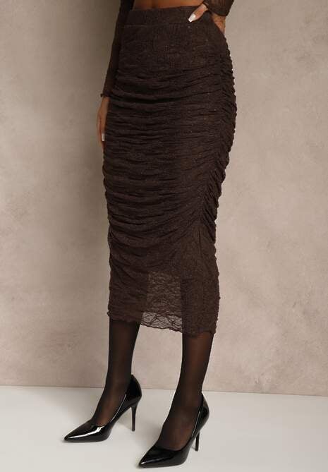 Brązowy Komplet z Koronki Ołówkowa Spódnica i Longsleeve Off Shoulder Nerinaera 4