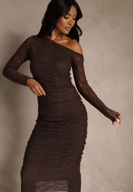 Brązowy Komplet z Koronki Ołówkowa Spódnica i Longsleeve Off Shoulder Nerinaera 5