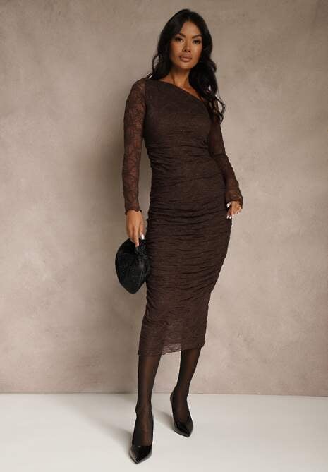 Brązowy Komplet z Koronki Ołówkowa Spódnica i Longsleeve Off Shoulder Nerinaera