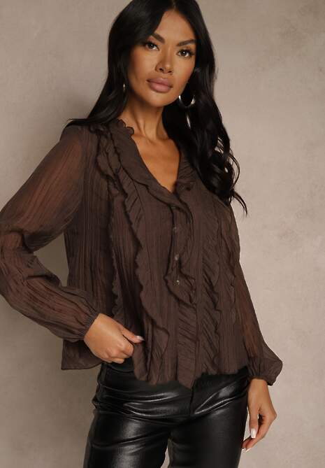 Brązowa Koszulowa Bluzka z Dekoltem V i Falbankami Calomia