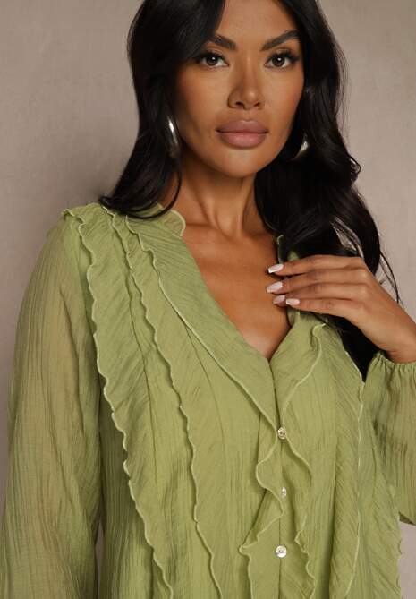 Ciemnobeżowa Koszulowa Bluzka z Dekoltem V i Falbankami Calomia 5