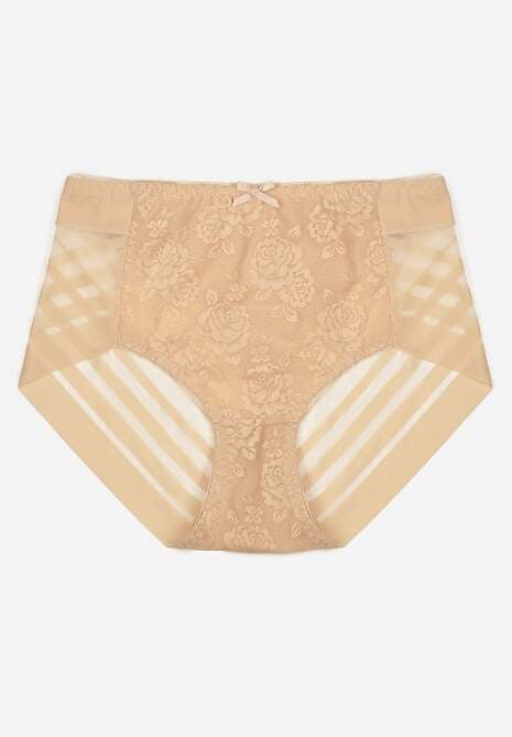 Beżowe Siateczkowe Majtki Figi High Waist z Koronkowymi Zdobieniami Heylih