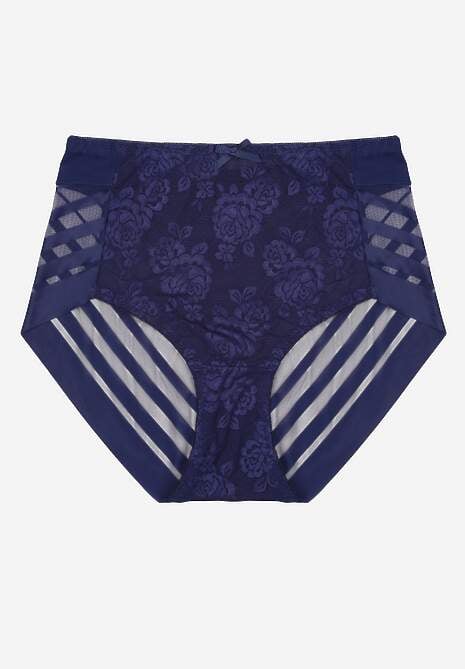 Granatowe Siateczkowe Majtki Figi High Waist z Koronkowymi Zdobieniami Heylih