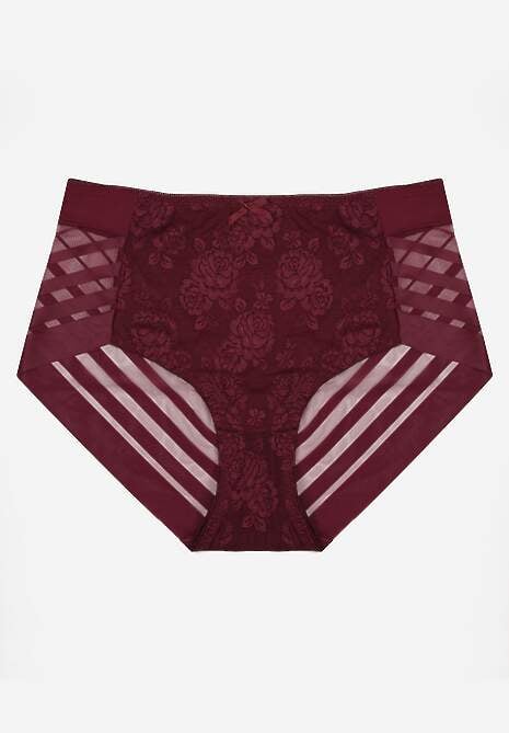 Bordowe Siateczkowe Majtki Figi High Waist z Koronkowymi Zdobieniami Heylih