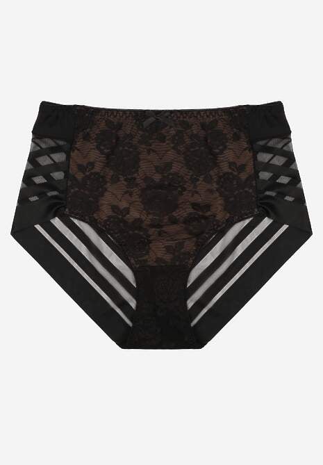 Czarno-Beżowe Siateczkowe Majtki Figi High Waist z Koronkowymi Zdobieniami Heylih