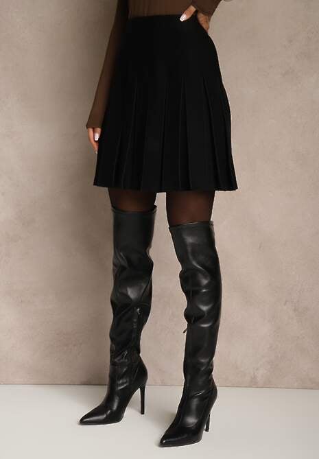 Czarna Spódnica High Waist z Wiskozą Zdobiona Plisami Coroxera 4