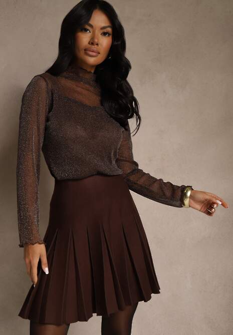 Brązowa Spódnica High Waist z Wiskozą Zdobiona Plisami Coroxera