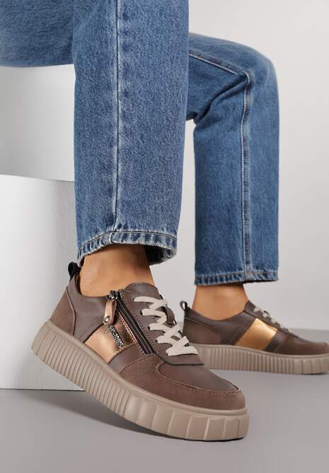 Brązowe Sneakersy ze Skóry Naturalnej z Metalicznym Zdobieniem Zorentee