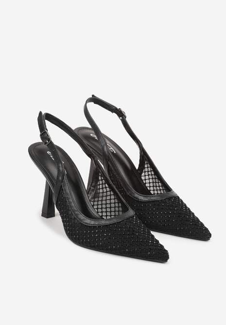 Czarne Siateczkowe Sandały na Szpilce Slingback z Cyrkoniami Nemenlaeno 5
