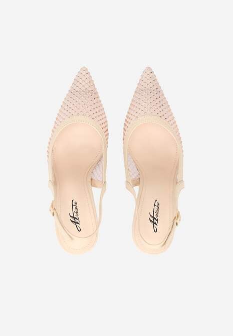 Beżowe Siateczkowe Sandały na Szpilce Slingback z Cyrkoniami Nemenlaeno 6