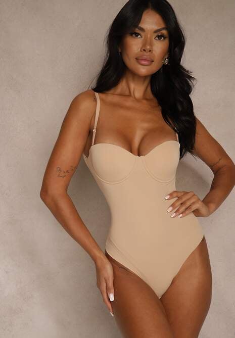 Beżowe Bieliźniane Body do Ubrań z Dekoltem Bandeau i Odkrytymi Plecami Zarinyera