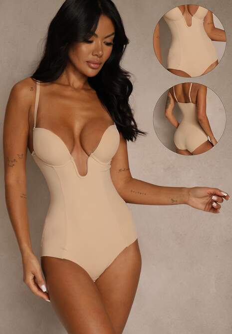 Beżowe Modelujące Body Bieliźniane z Głębokim Dekoltem Elinraya
