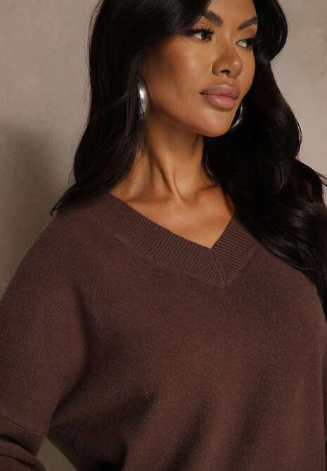 Brązowy Klasyczny Sweter z Wiskozą i Kaszmirem Marirra 5