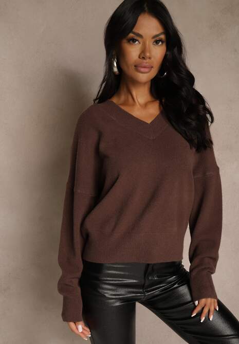 Brązowy Klasyczny Sweter z Wiskozą i Kaszmirem Marirra