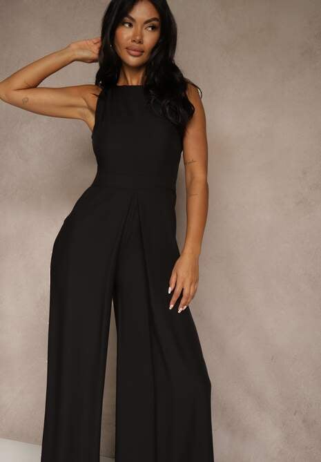 Czarny Taliowany Kombinezon Ozdobiony Zakładkami Berinola 4